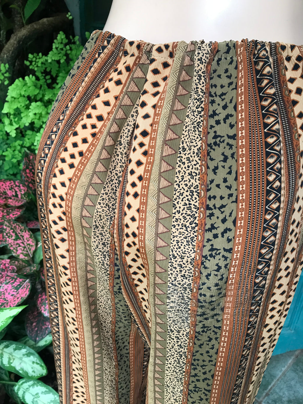 vintage Brown multi pattern draw string loose pants ::: one size fits most