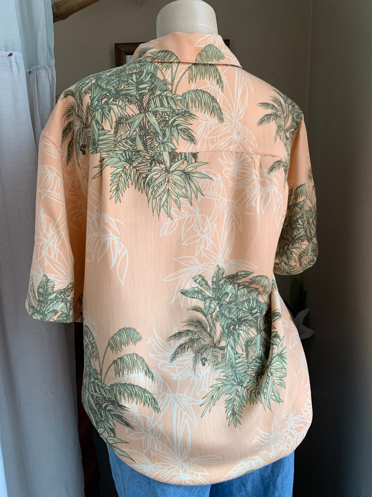 vintage Palm tree pattern peach button down shirt … M ^^^