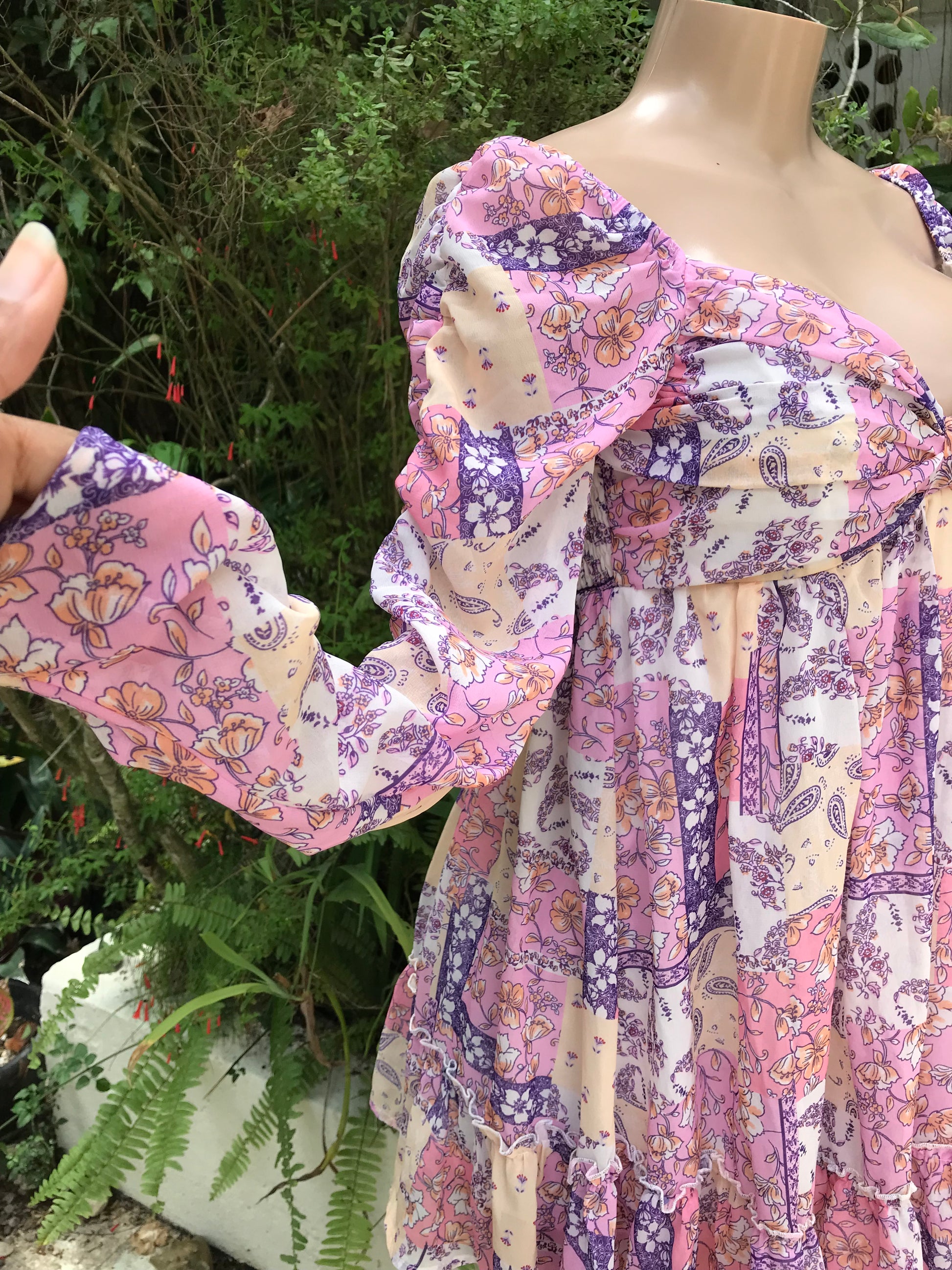 cottage core mix floral print ruche sleeve babydoll sweetheart dress  . s