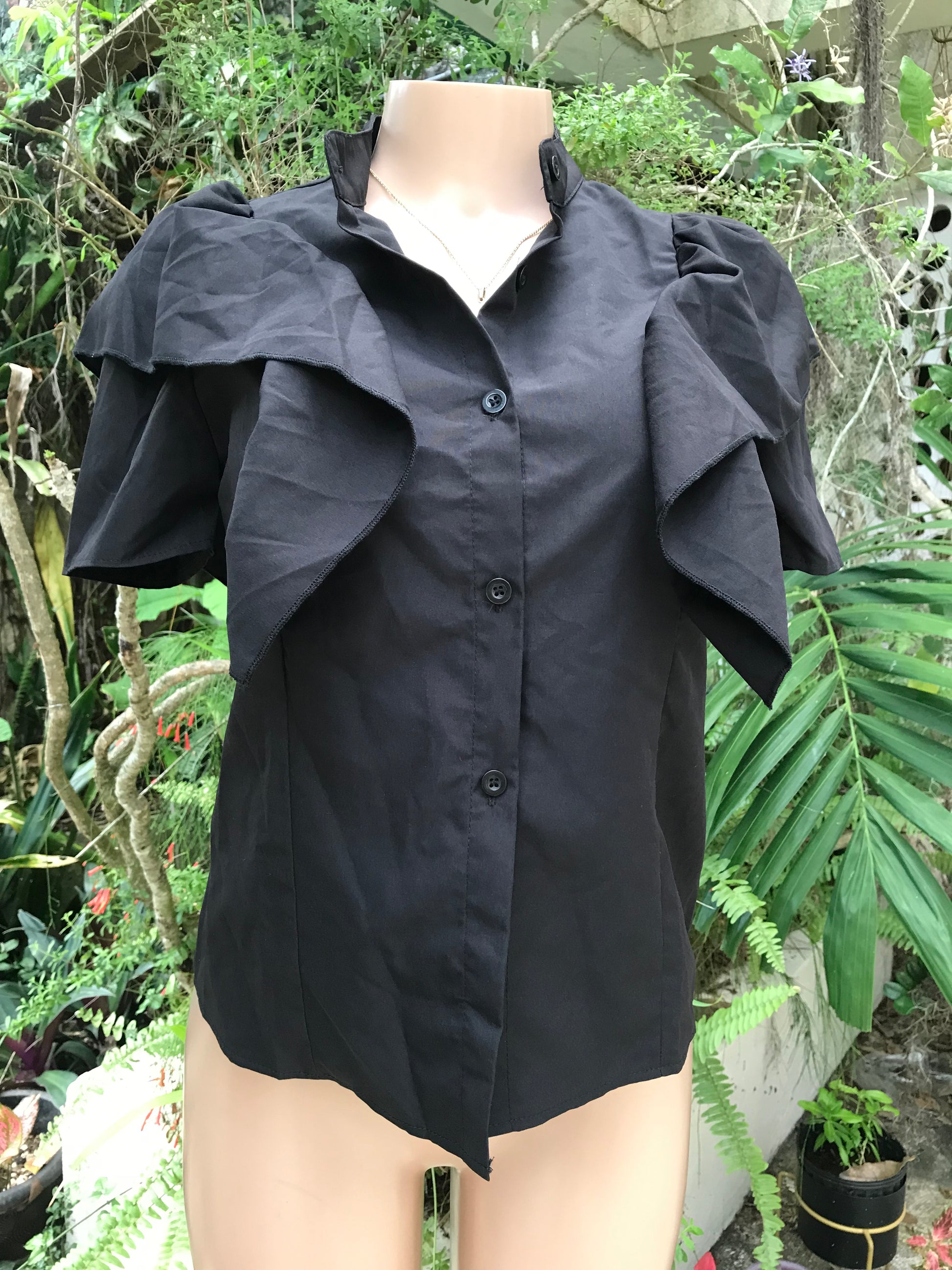 Black Office Nehru Collar Button Shirt With Statement Frill Detail ... S
