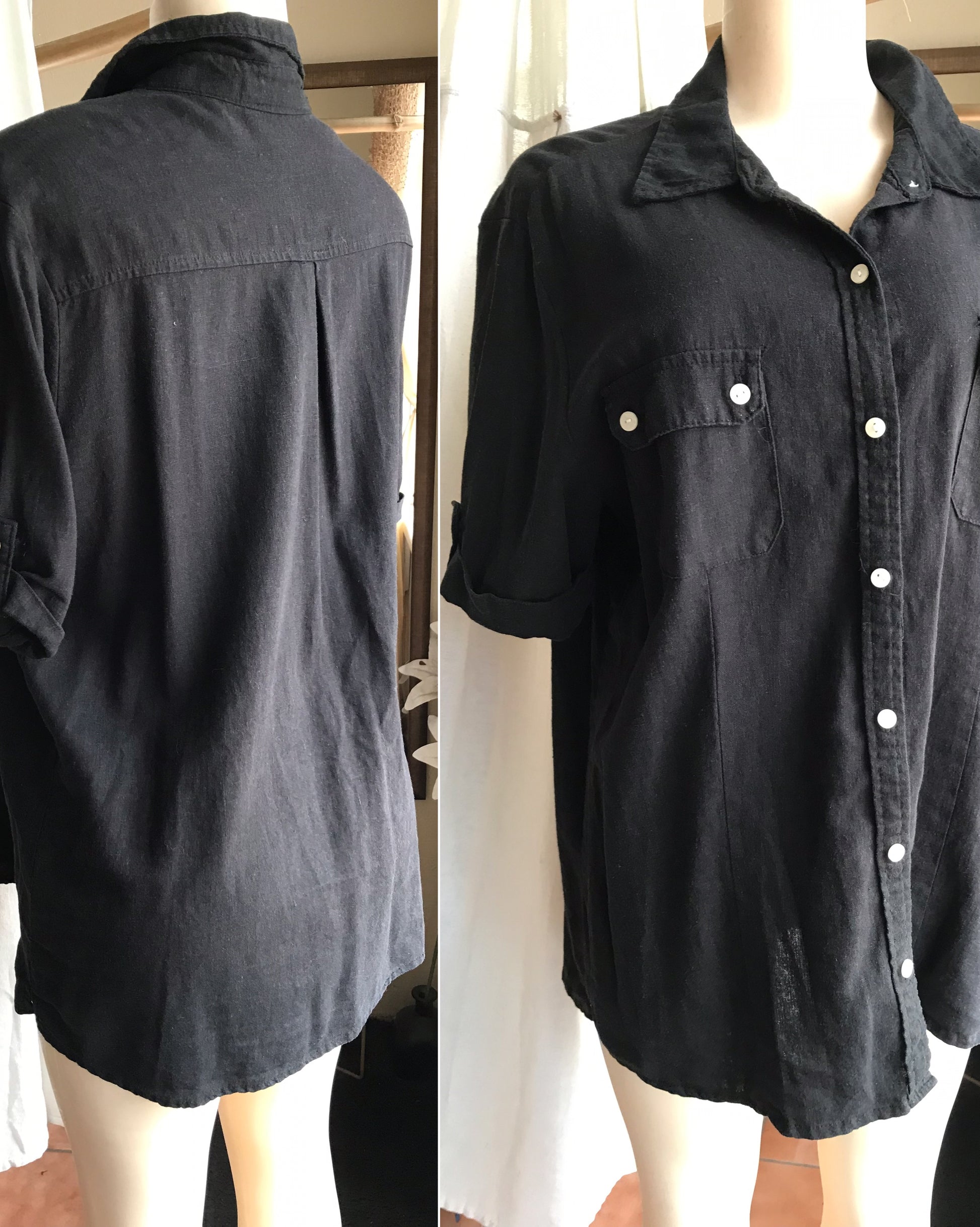 black linen button shirt short sleeve cuffed o xl