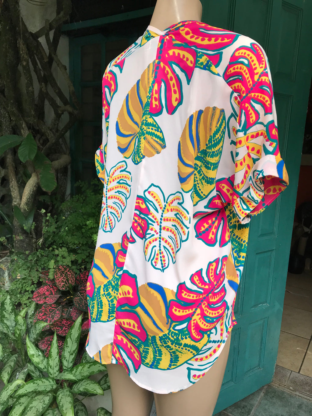 monsterra leaf sheer blouse work/play ... /xl