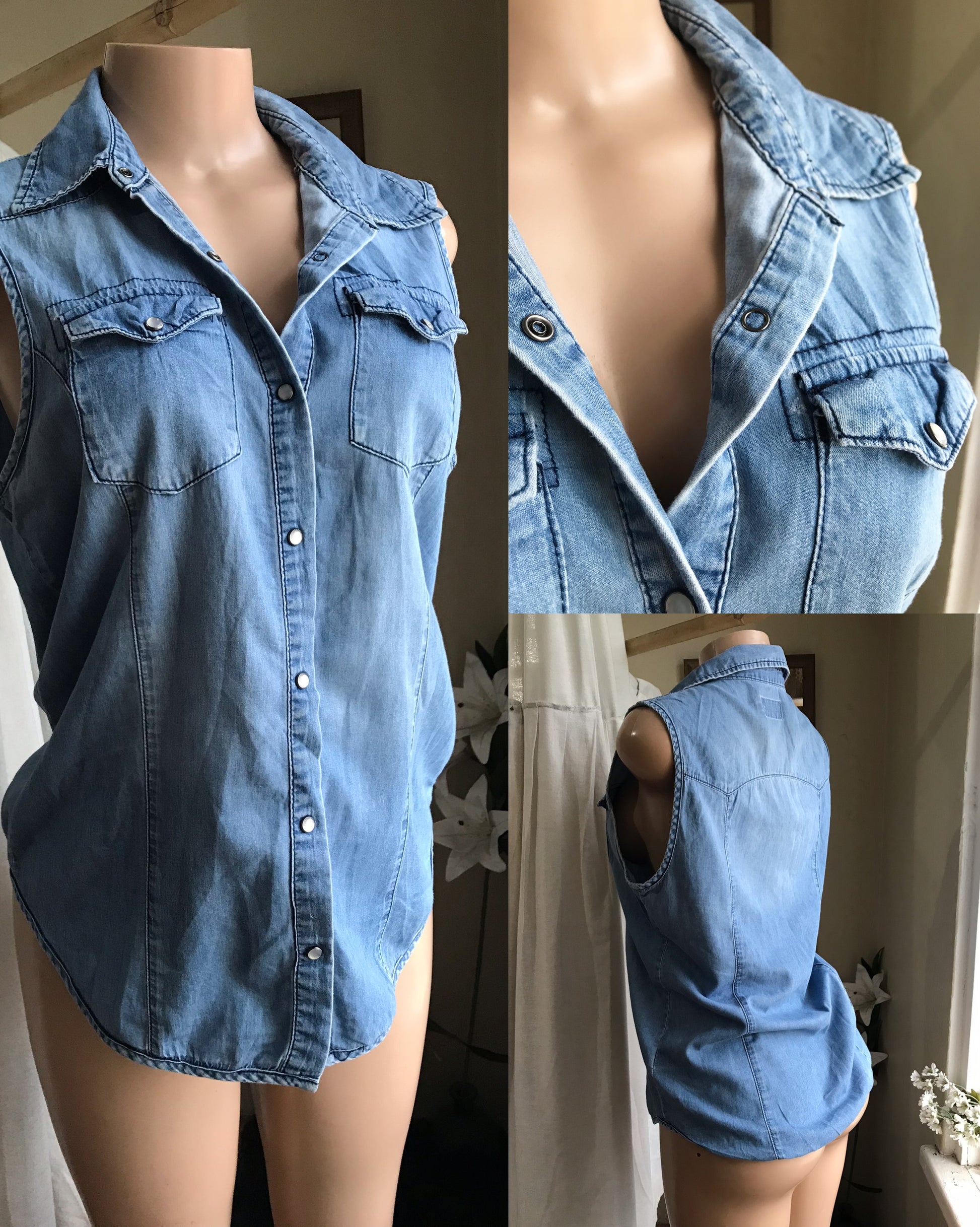 100% cotton retro denim sleeveless button shirt ... Large ,,,
