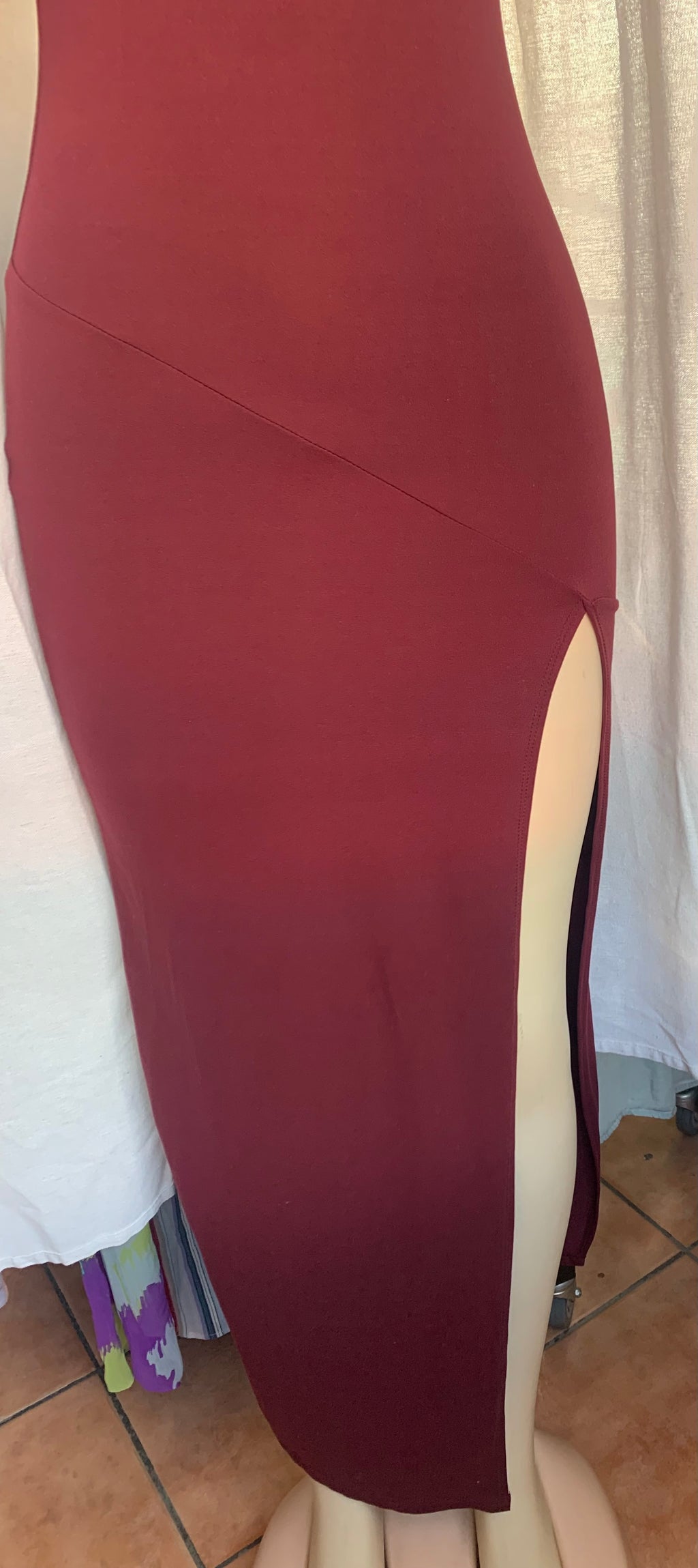 Burgundy off the shoulder date night maxi bodycon dress with leg slit /s