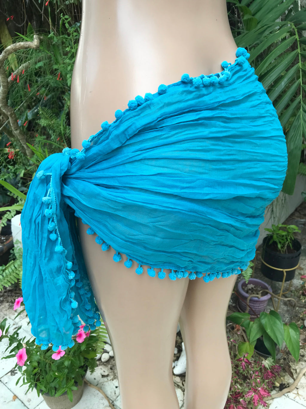 Aqua Blue Summer Pom Pom Scarf / Wrap ***