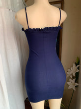 Load image into Gallery viewer, Navy blue body con mini dress with wooden buttons s with stretch
