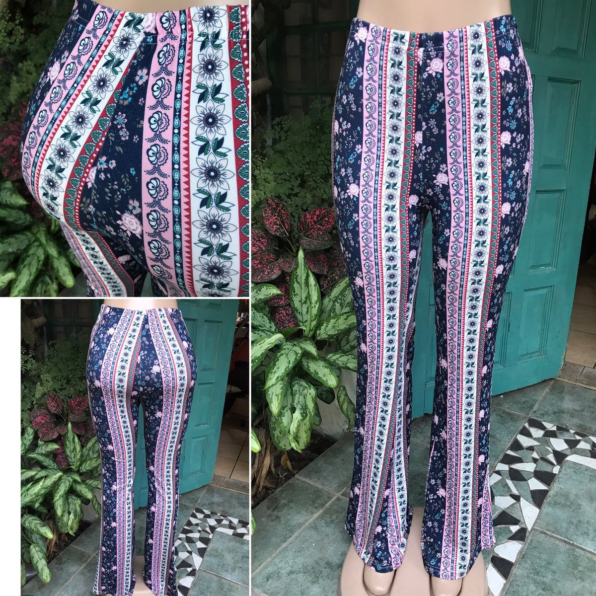 boho print bell foot legging pants purple ::: s/m