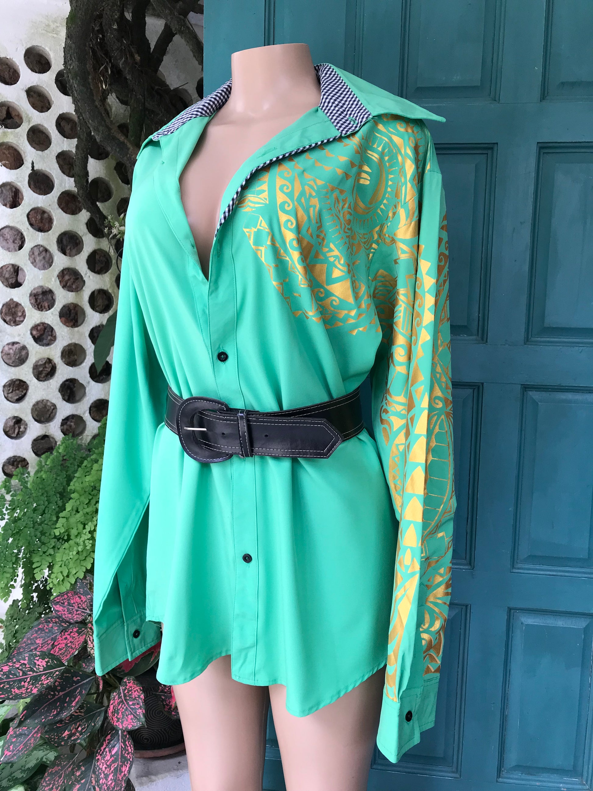 Mens green & gold fancy shirt .../xl :lll