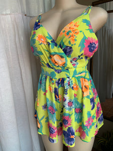 Neon floral print cami strap romper ~~~ M