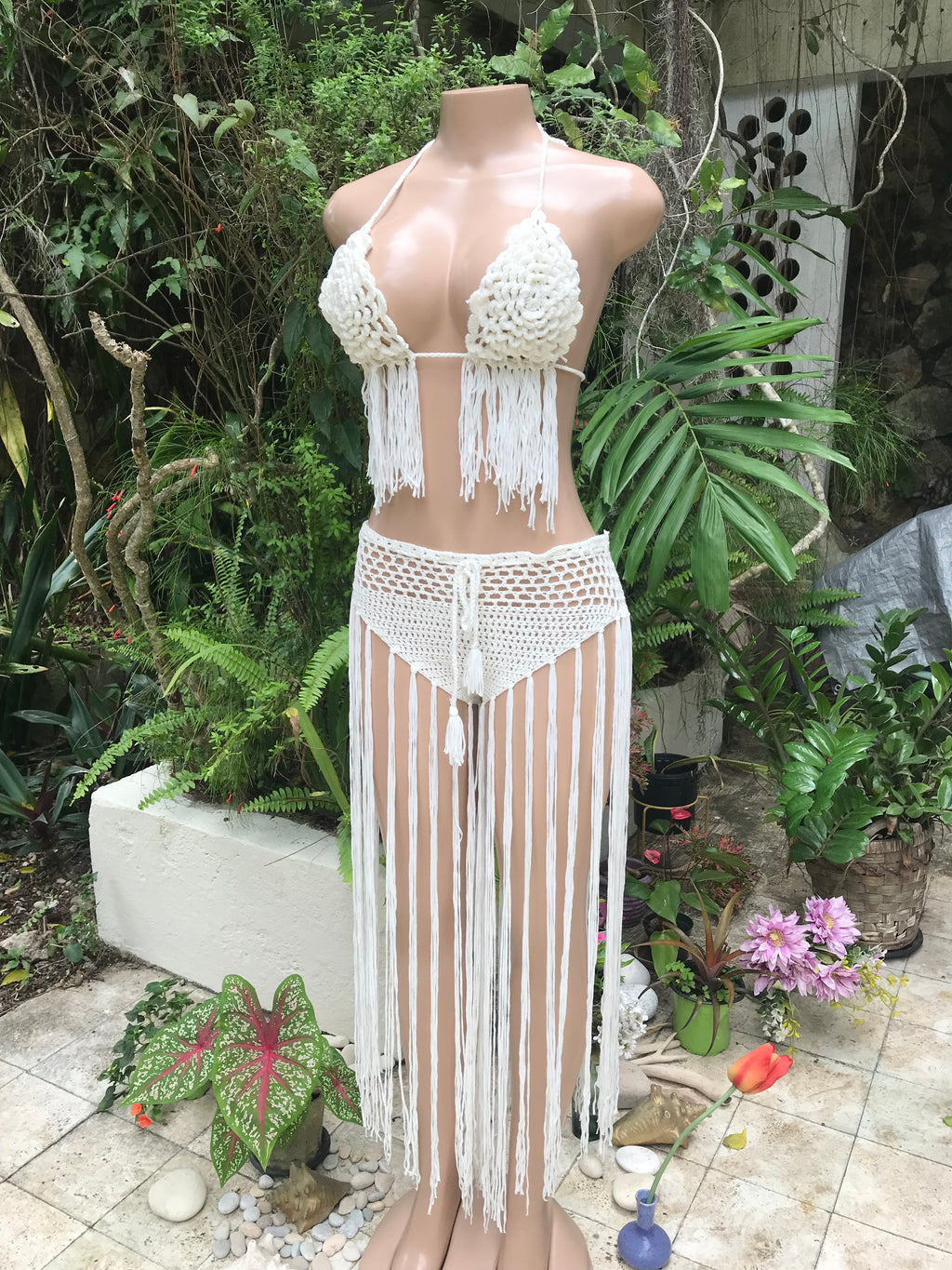 White long tassel rose bikini set - M/L