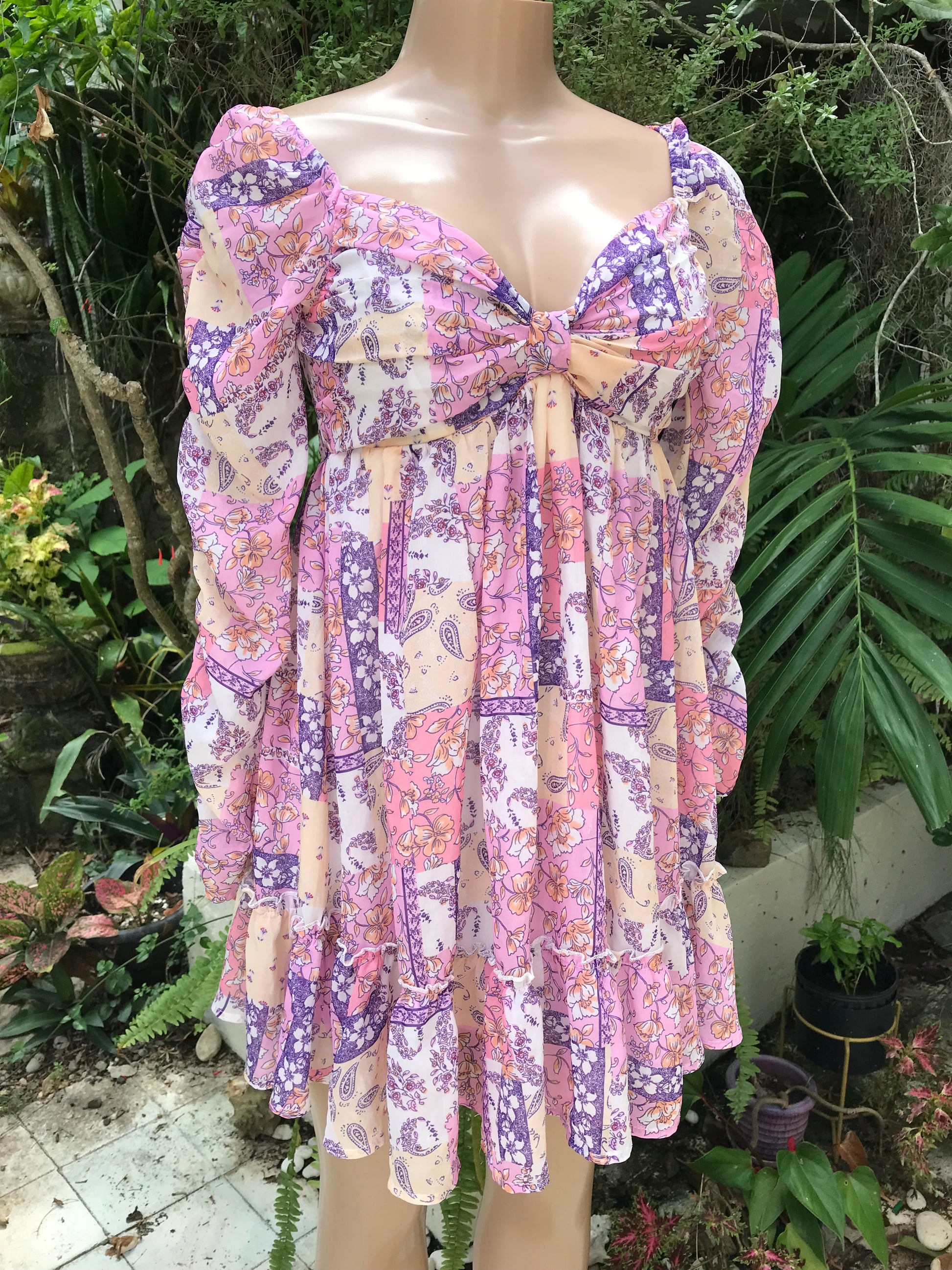 cottage core mix floral print ruche sleeve babydoll sweetheart dress  . s