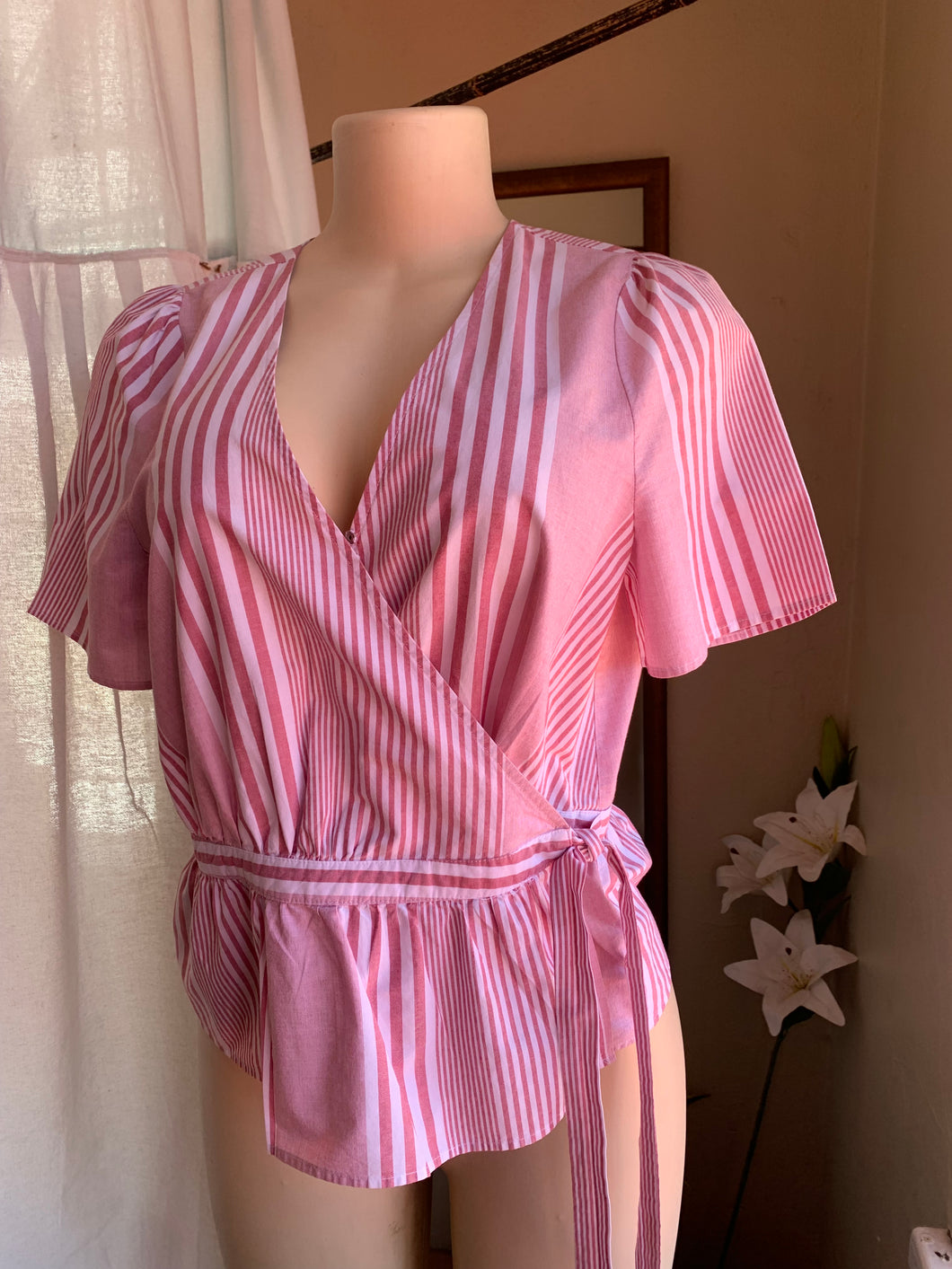 Pink varied stripes wrap blouse … M