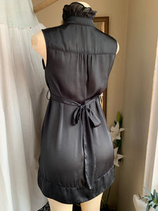 Metallic black button up sleeveless dress with ruffle neckline s