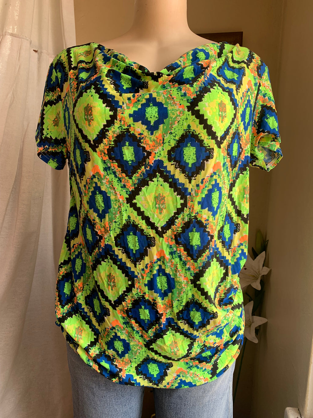 retro green blue print blouse work/play …XL with stretch