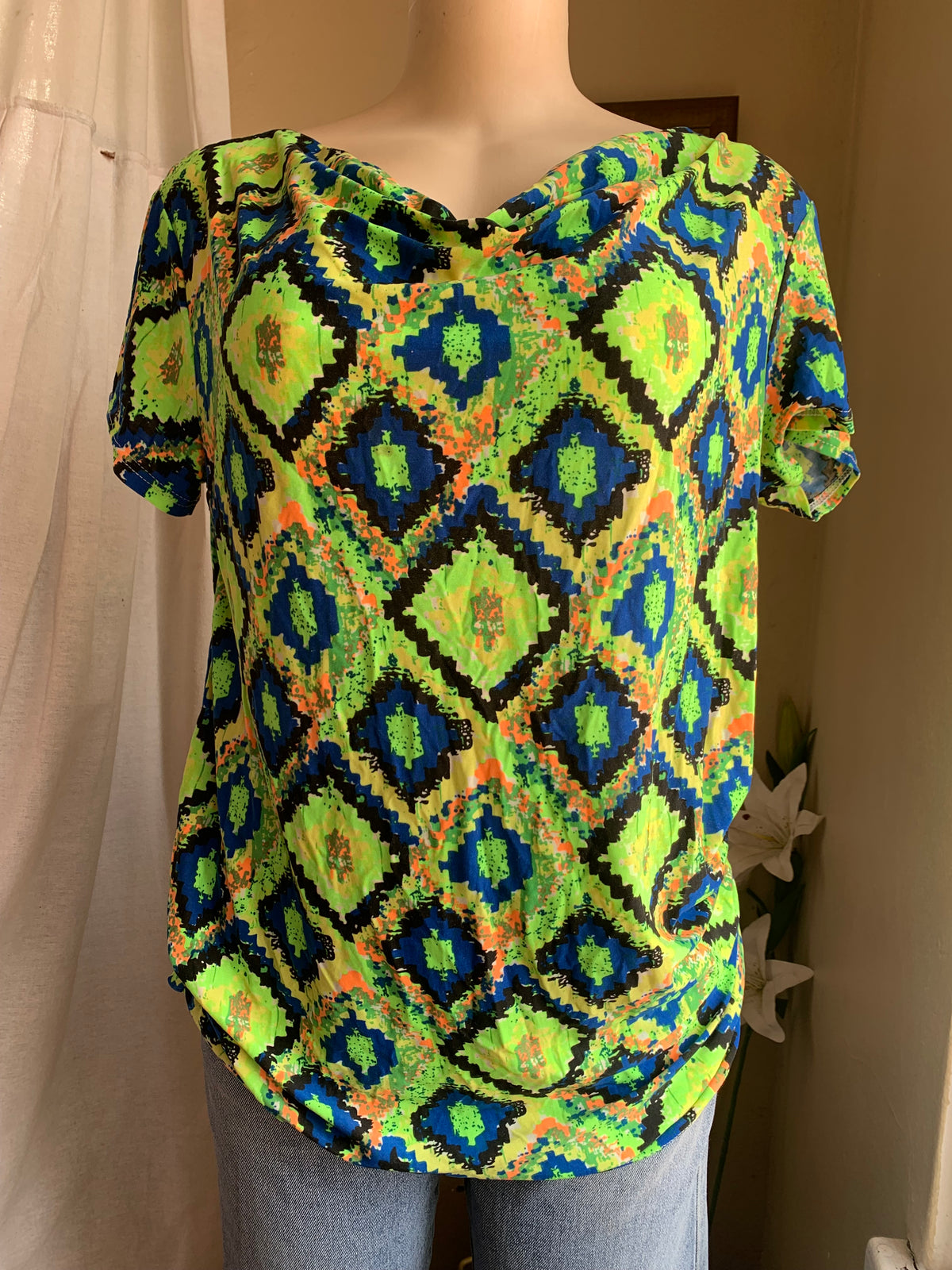 retro green blue print blouse work/play …XL with stretch
