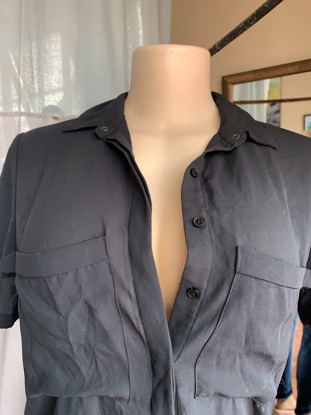Black short sleeve button up shirt with chest pockets … XL