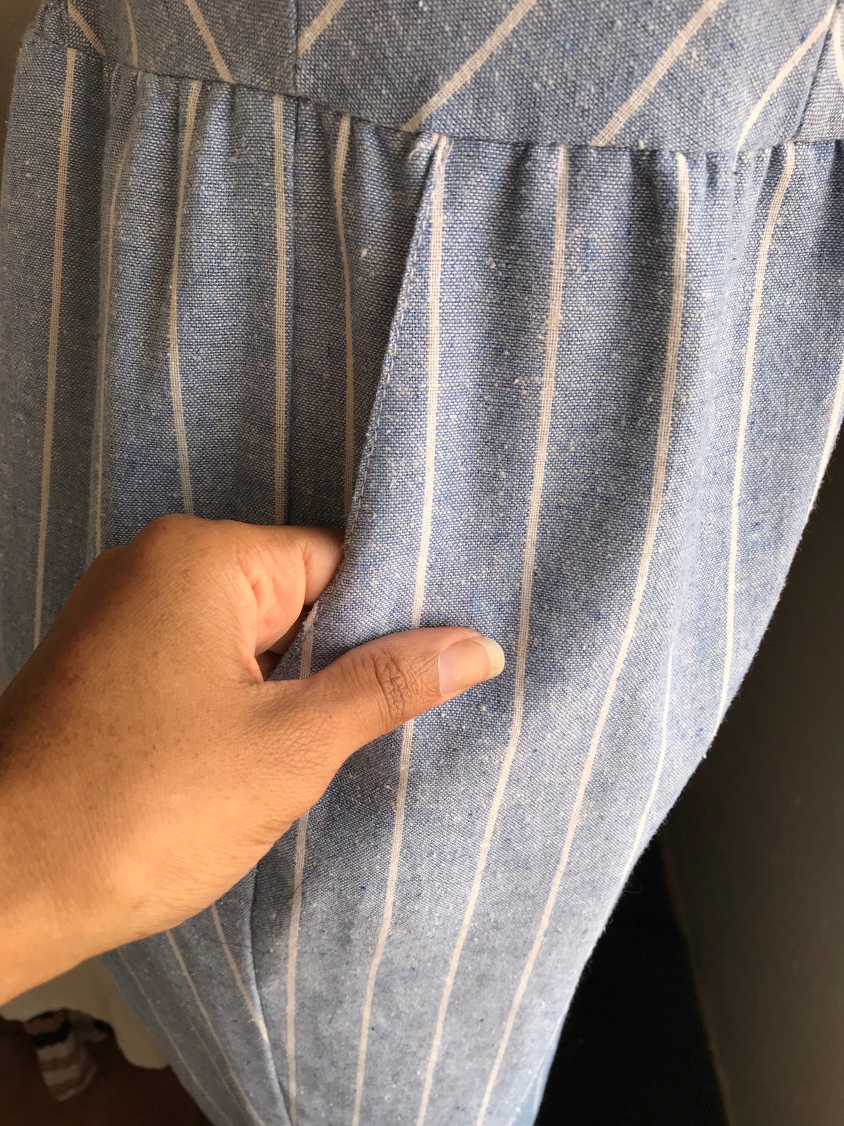organic blend blue stripe jumpsuit with pockets... m to L,,,