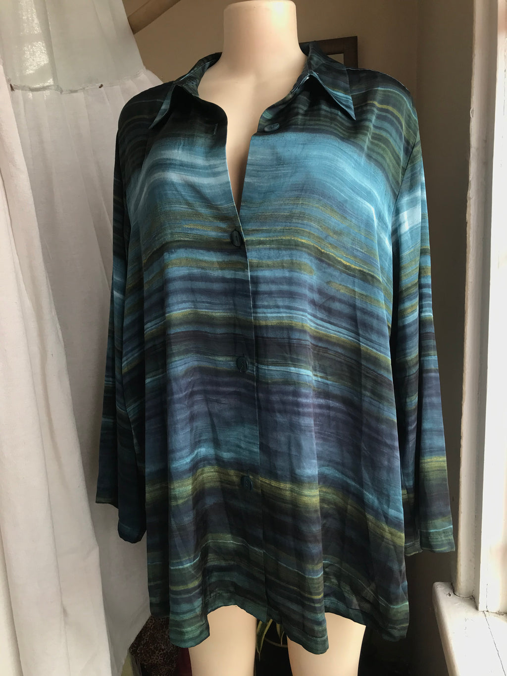 emerald green Satin vintage button shirt … /XL