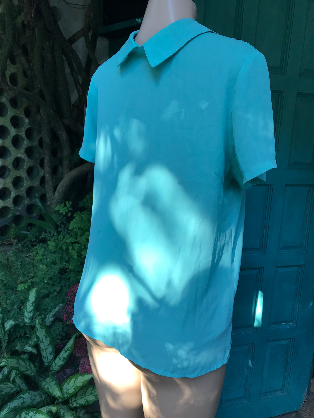 mint green button sheer work blouse ... m/L