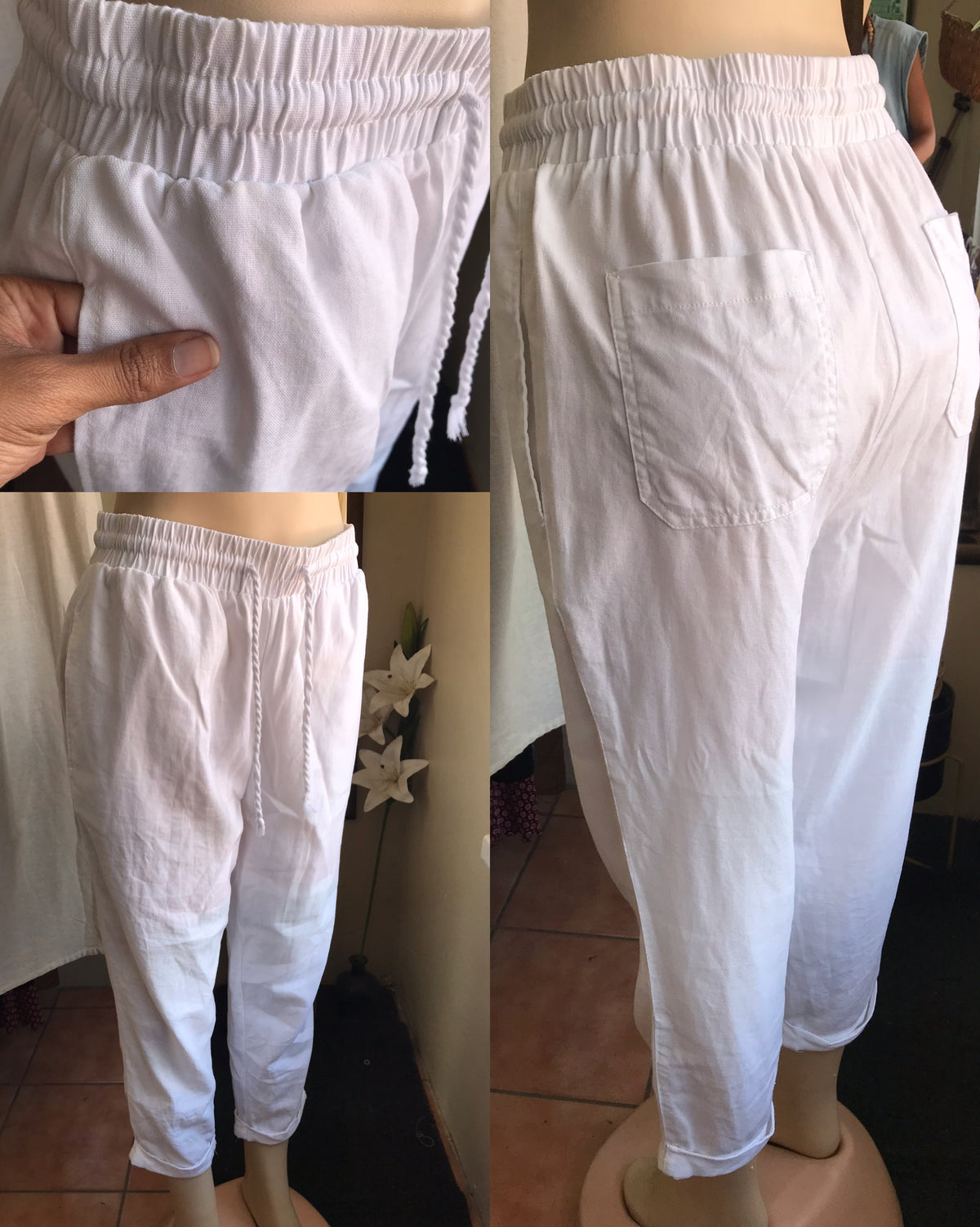 white linen draw string pants cuffed  ,,, L
