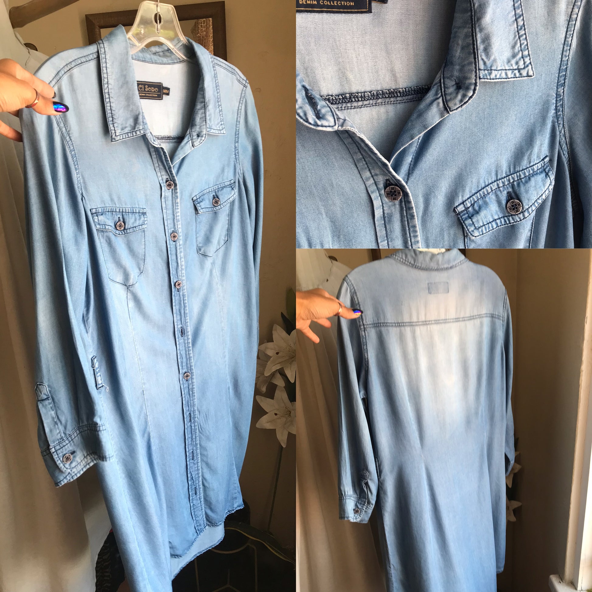 denim cotton button down shirt dress light wash ,,, m