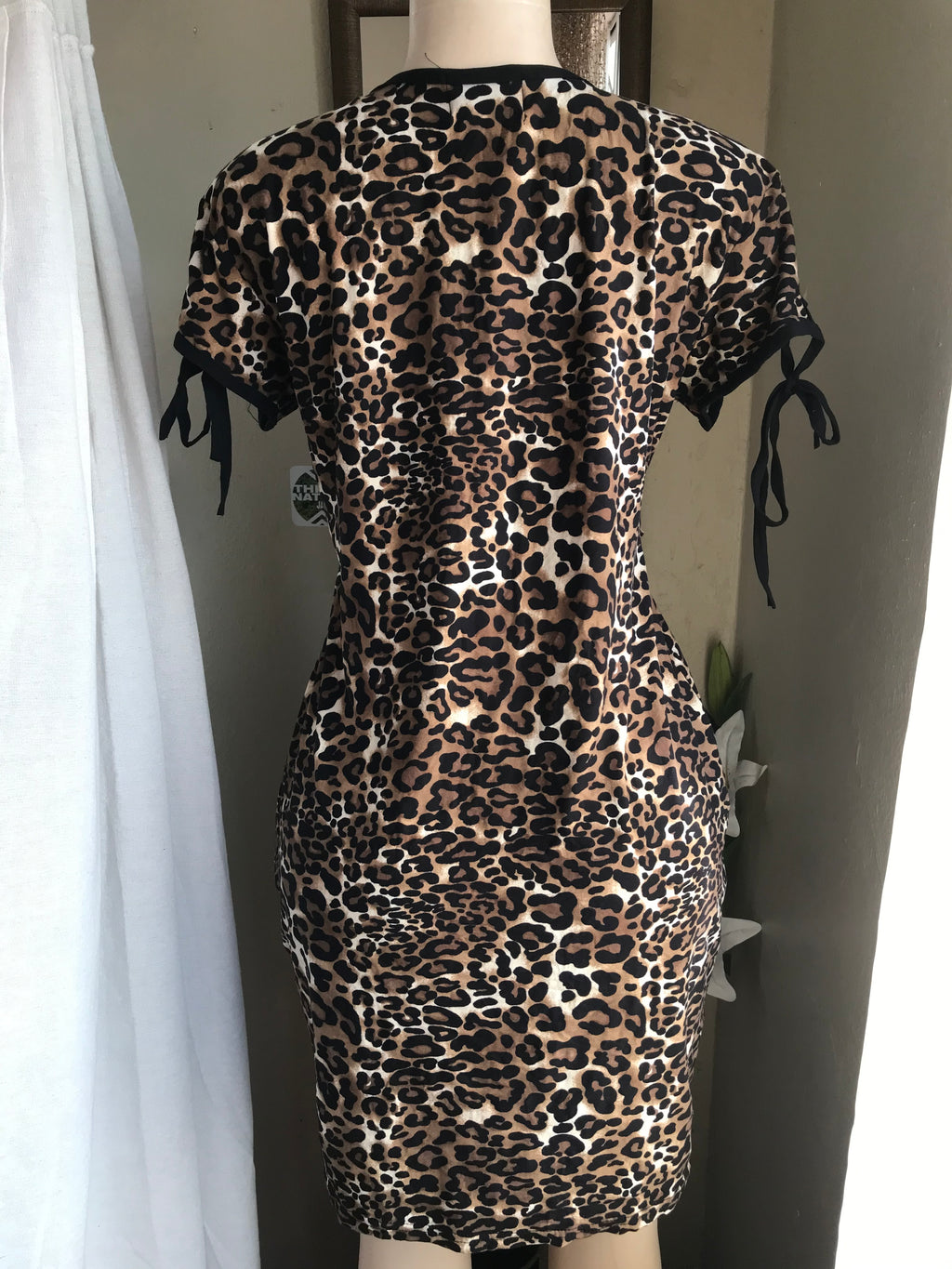 cheetah print bodycon dress lace up sleeve M