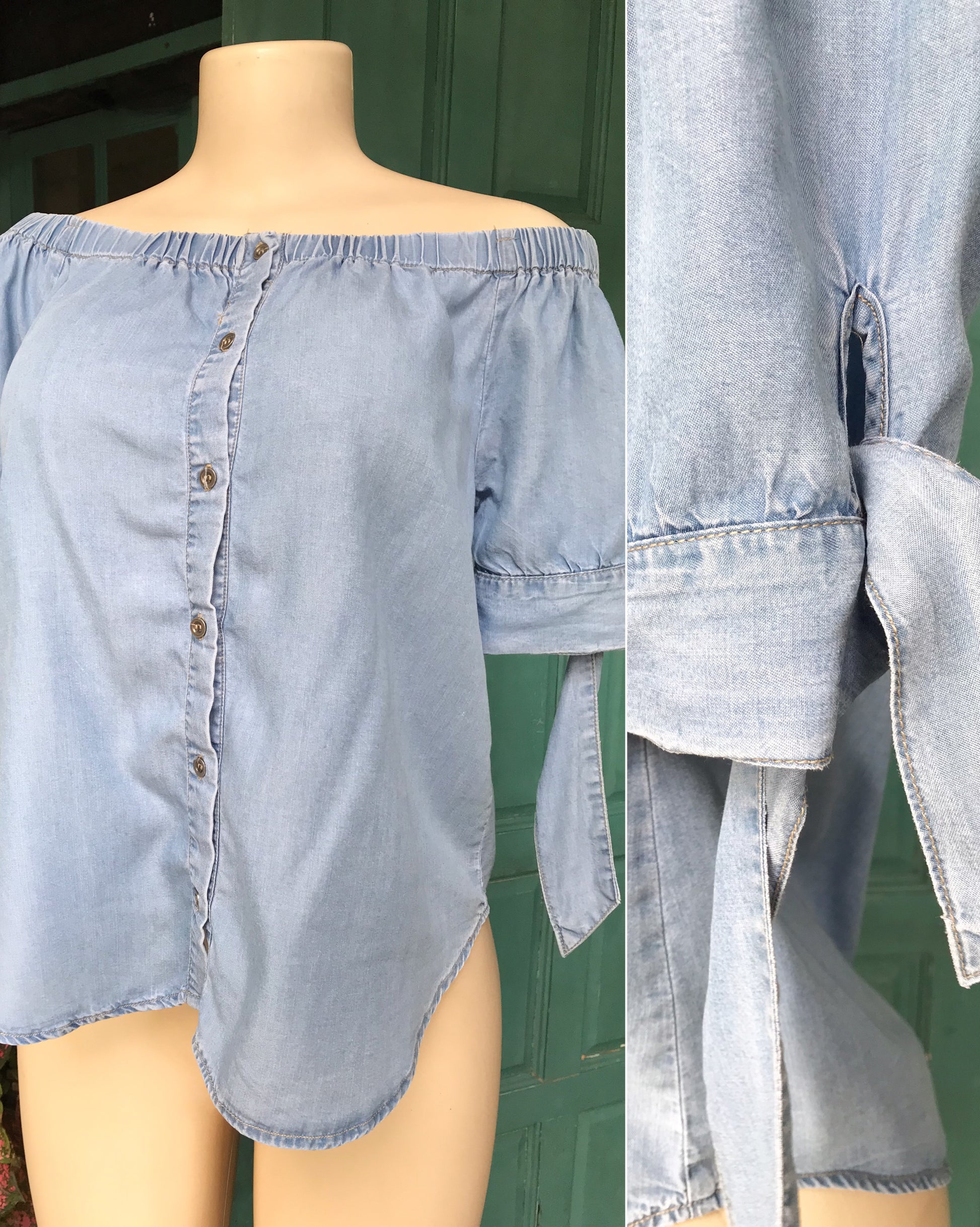 light denim tie sleeve off the shoulder blouse button front ... s to m