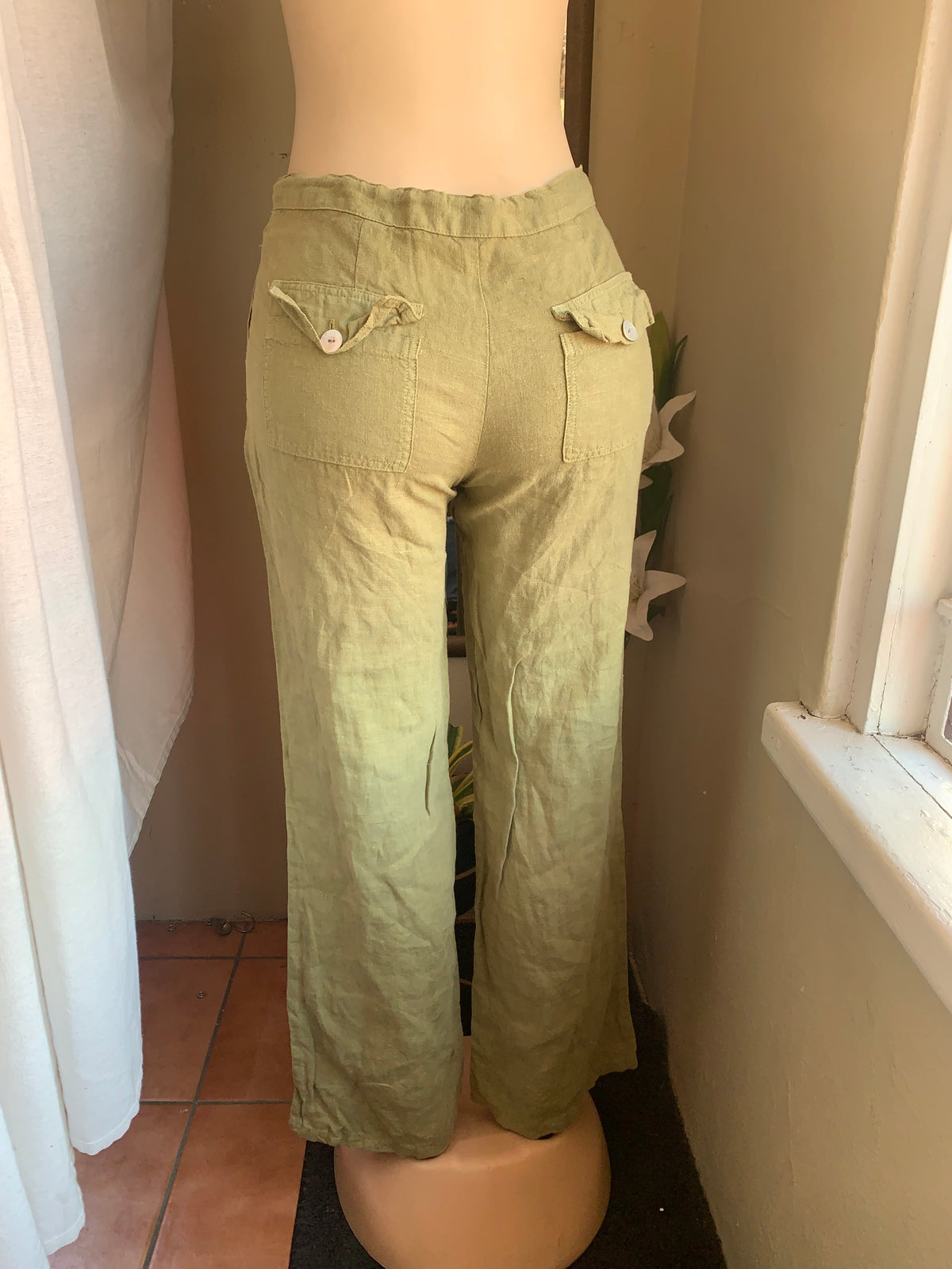 Linen olive green pants ::: s ,,,