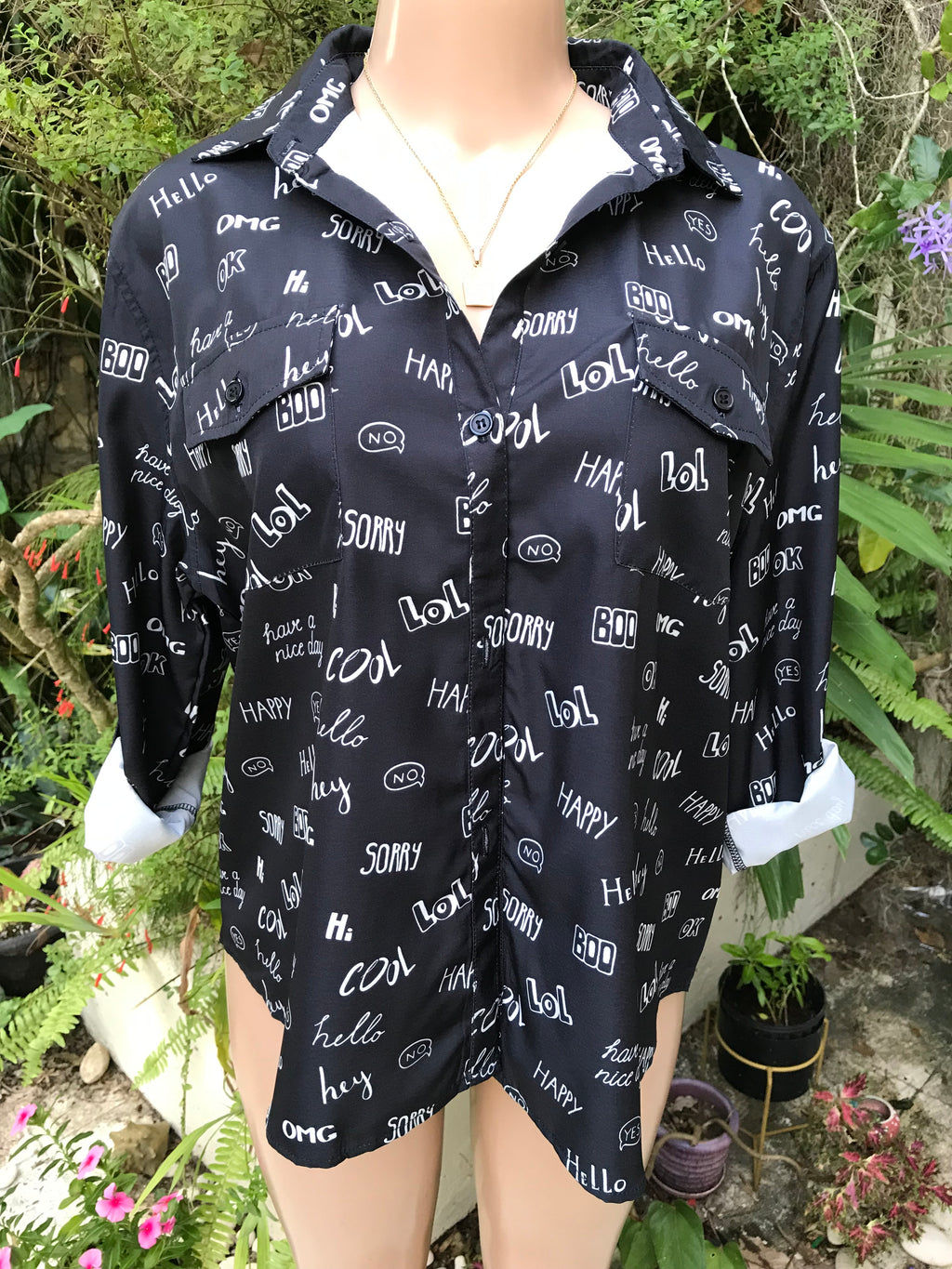 New Tag Black Speech Graphic Button Shirt ... Plus /XL