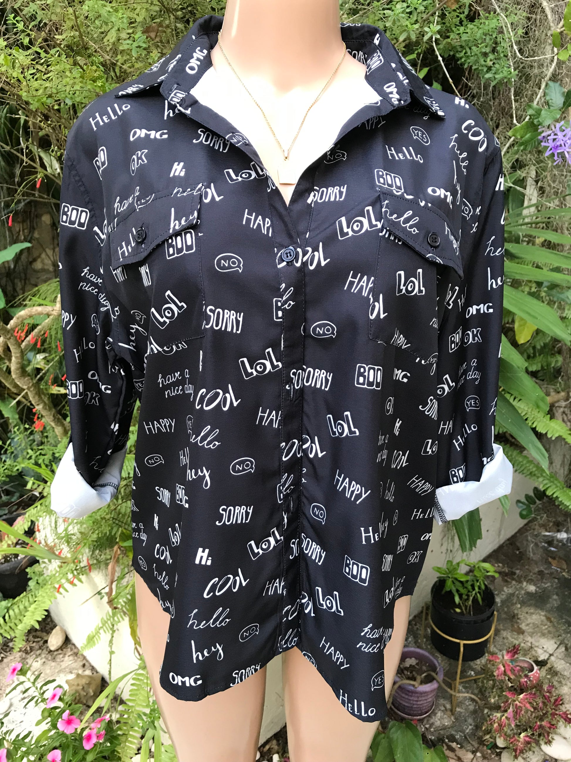 New Tag Black Speech Graphic Button Shirt ... Plus /XL