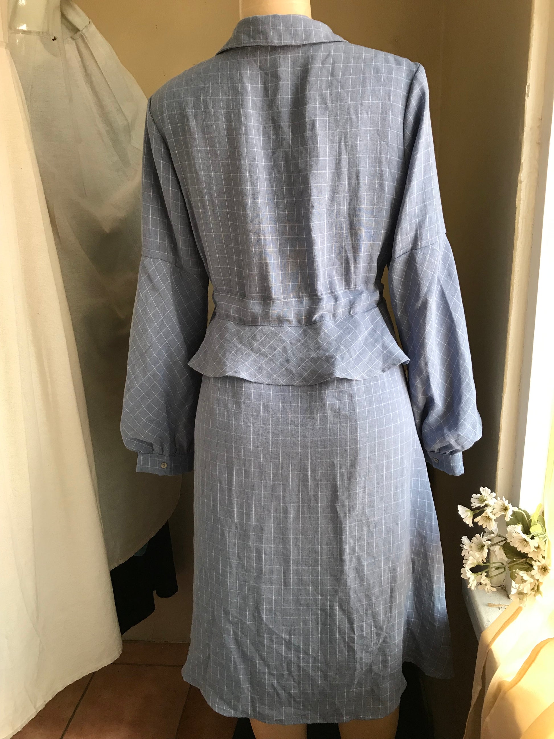blue grid long sleeve shirt dress peplum m to L