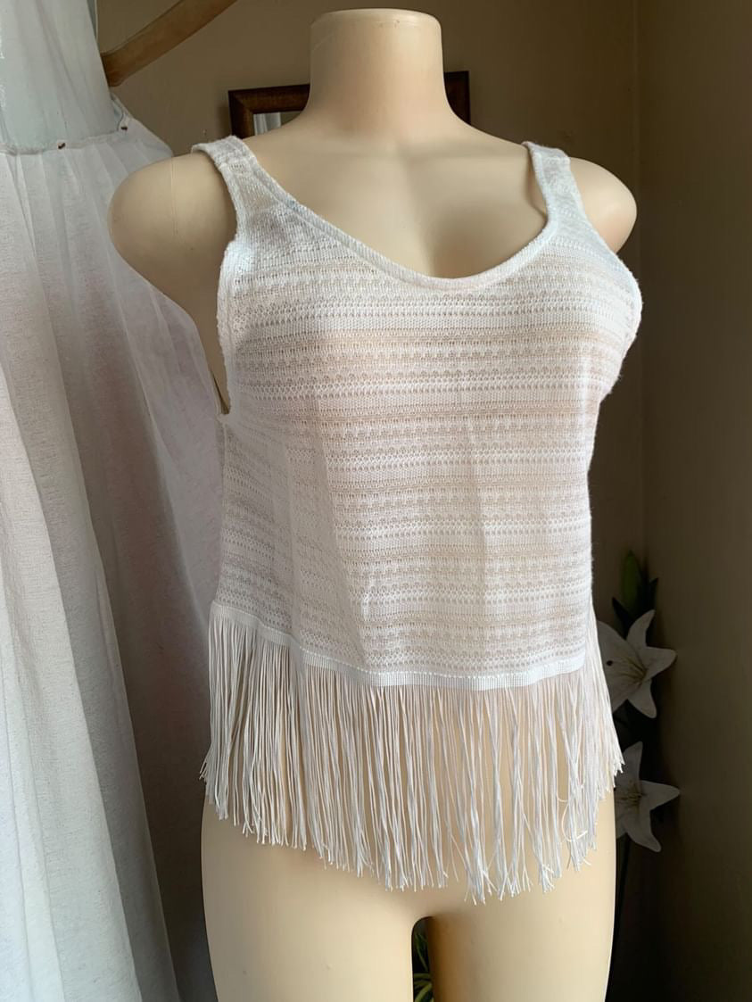 White fringe knit tank top...