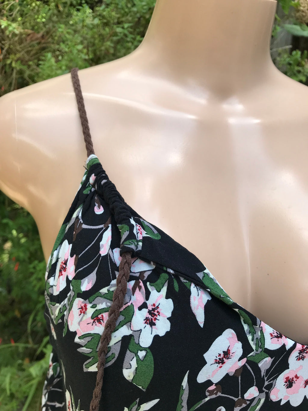 black floral sunday maxi dress with leather straps  . s to m