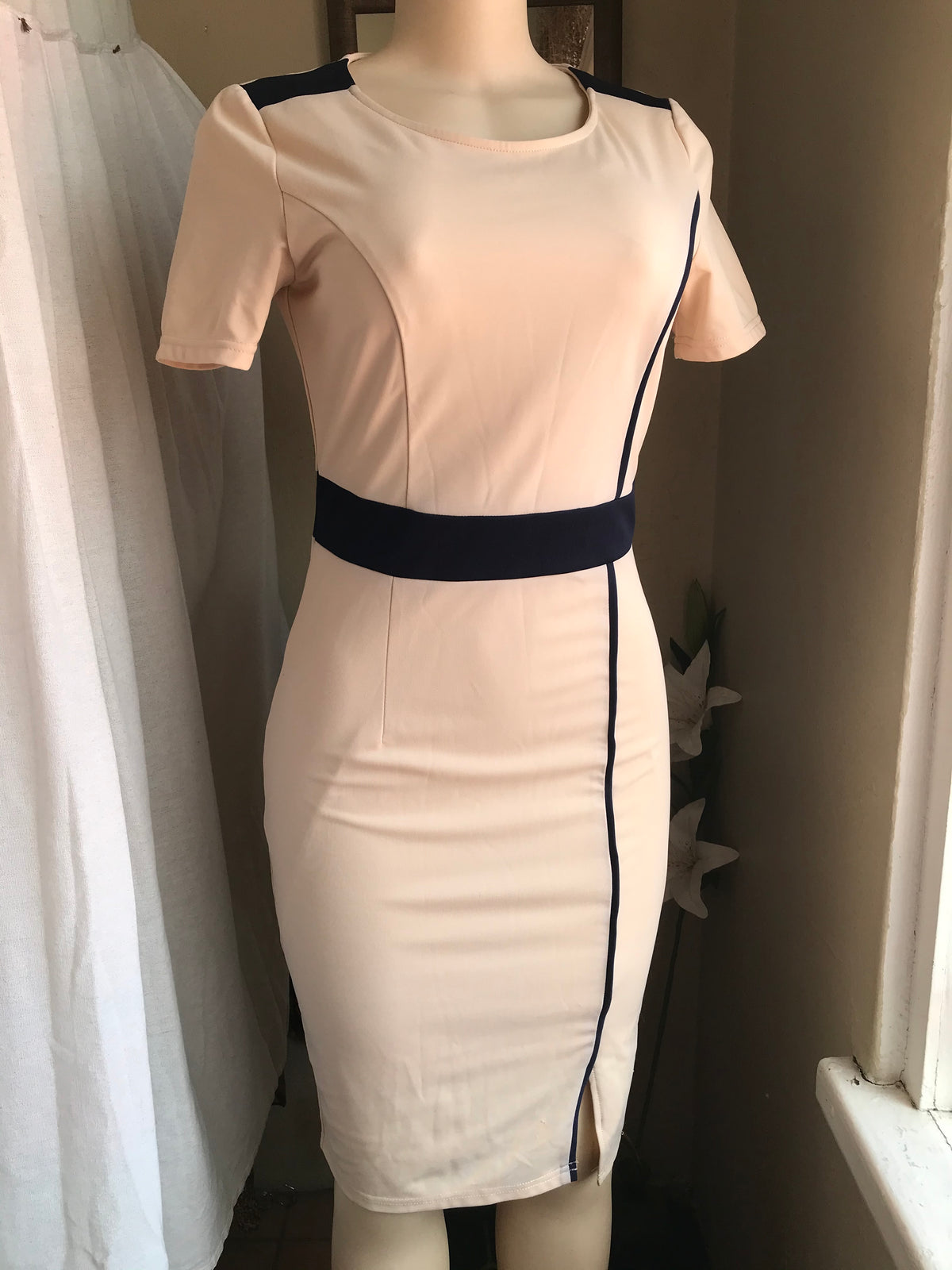 Pink professional midi dress with black accents M
