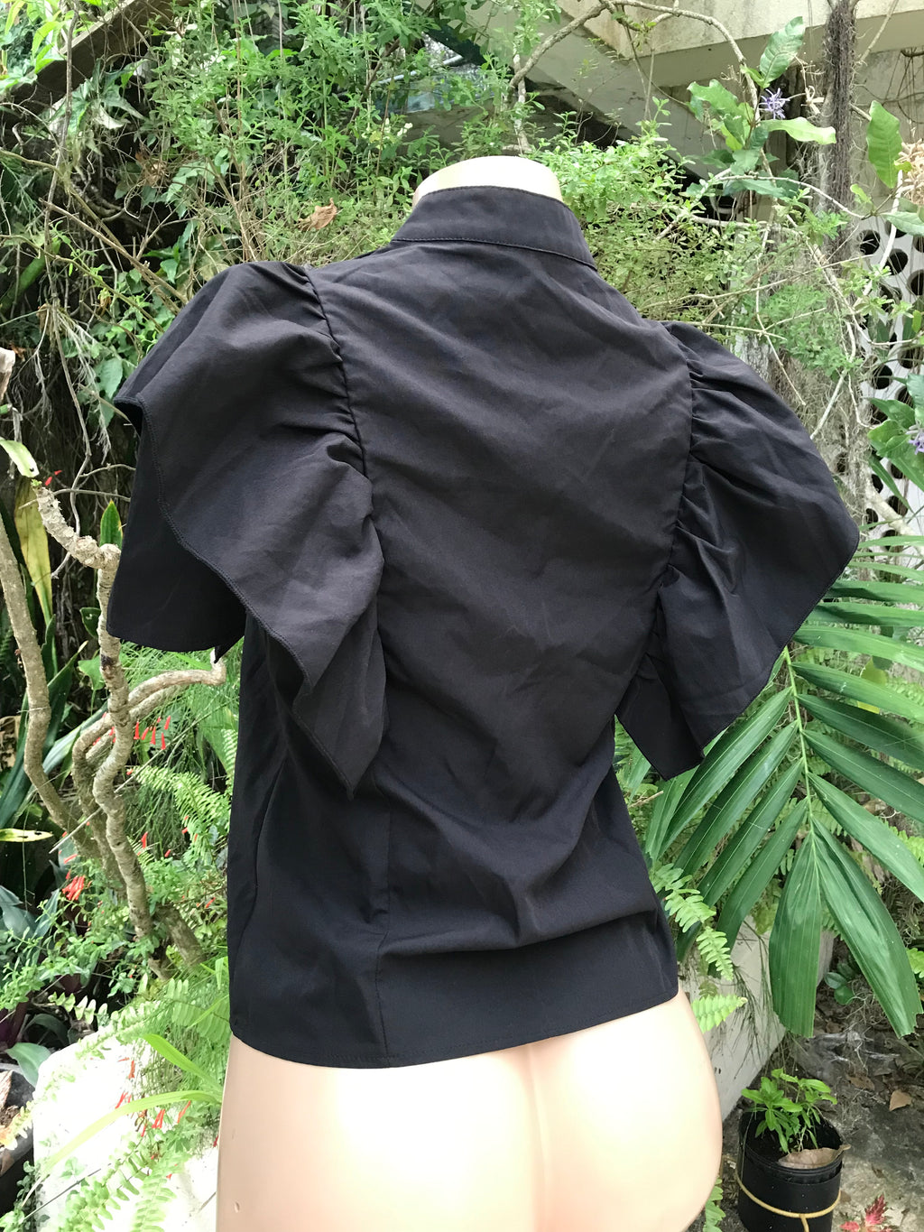 Black Office Nehru Collar Button Shirt With Statement Frill Detail ... S