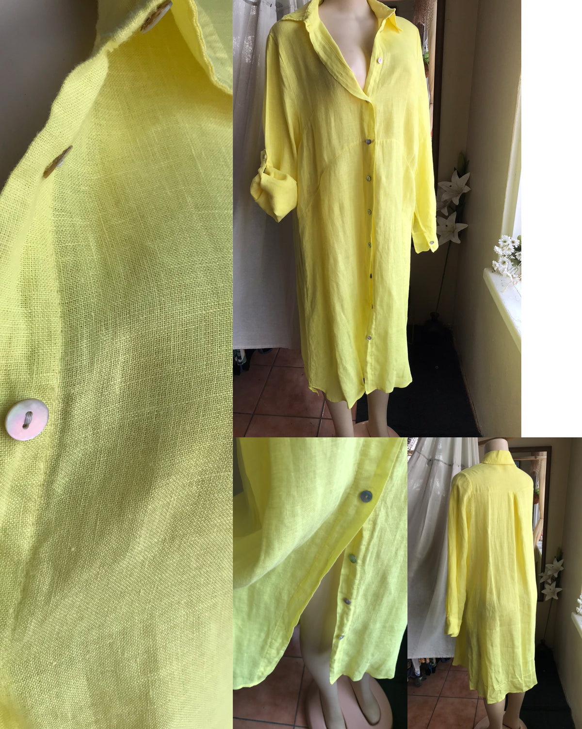 yellow Linen button down midi dress L