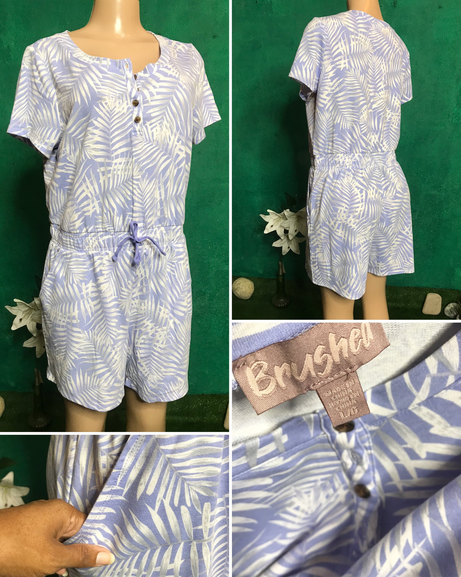 pastel palm print soft easy romper with pockets. button down  ~~~ large to plus