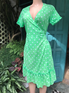 Vintage 100% Cotton Made in India Green Polka Wrap Dress ^^^  S or M ,,,