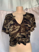 Load image into Gallery viewer, Camo slinky crop top with bottom down neckline … Mlll
