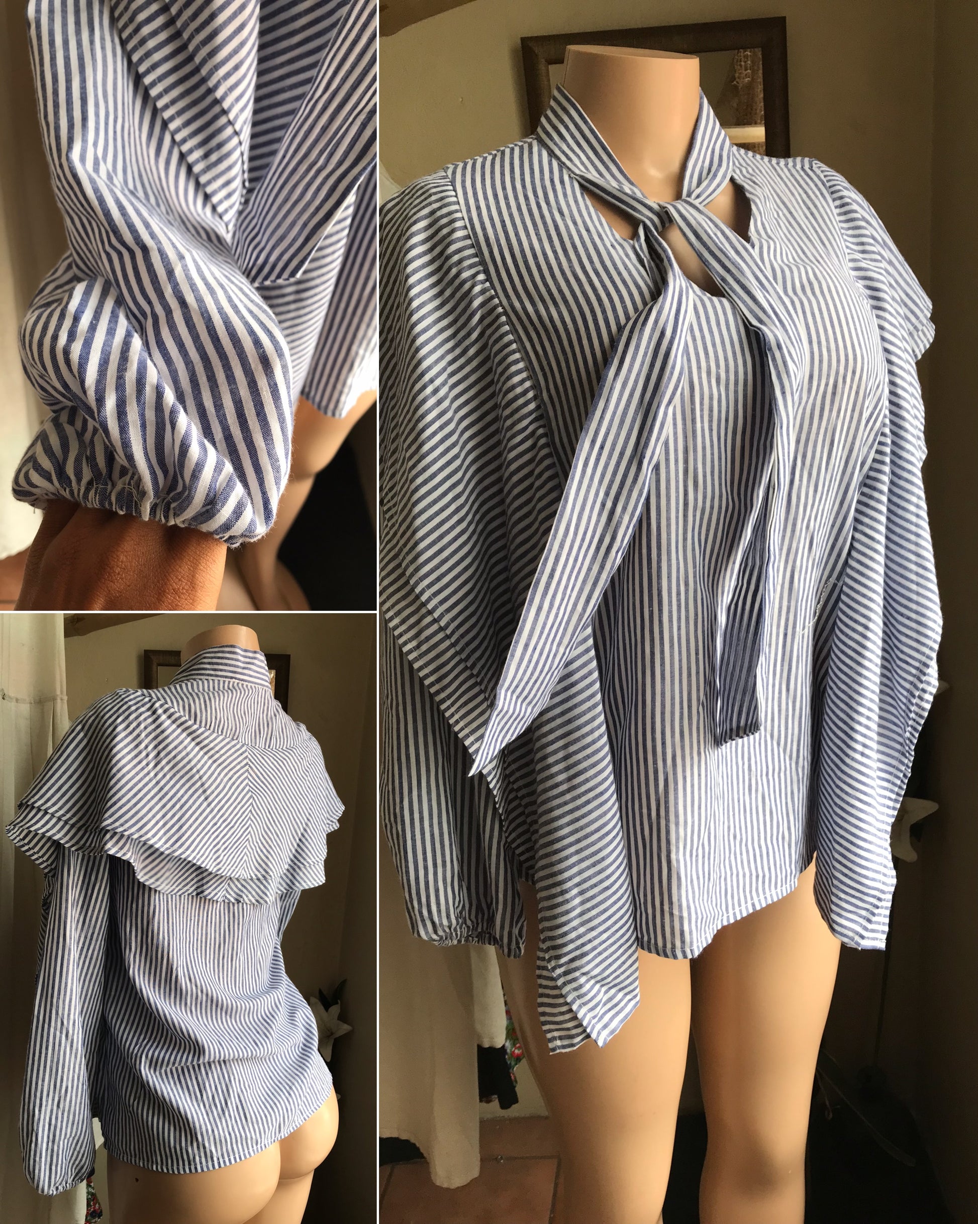 navy stripe neck tied extra ruffle long sleeve professional blouse rayon ... s