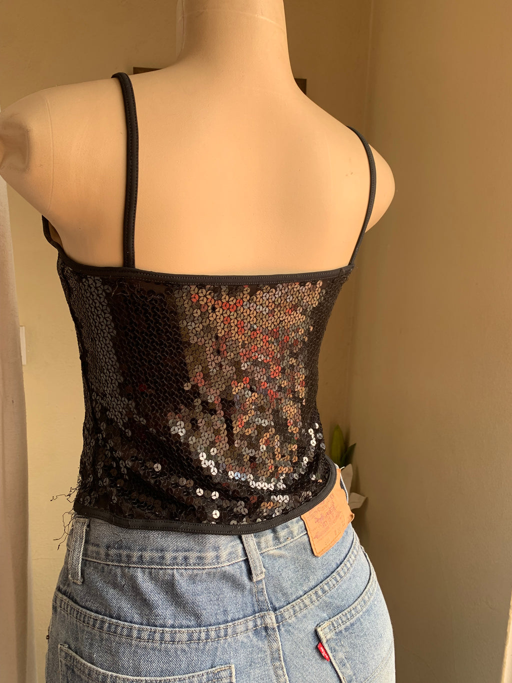 black sequin spaghetti top … M