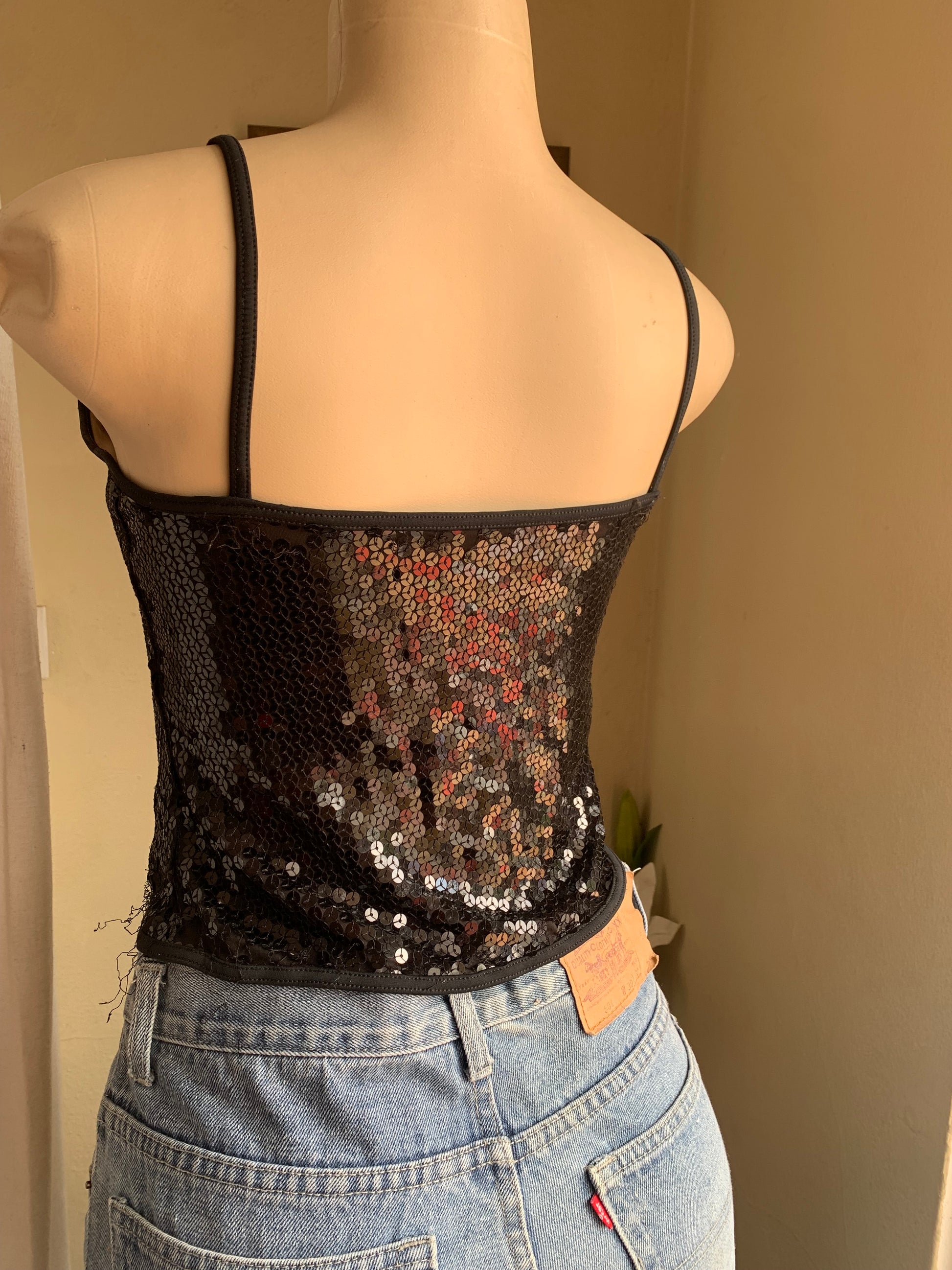 black sequin spaghetti top … M