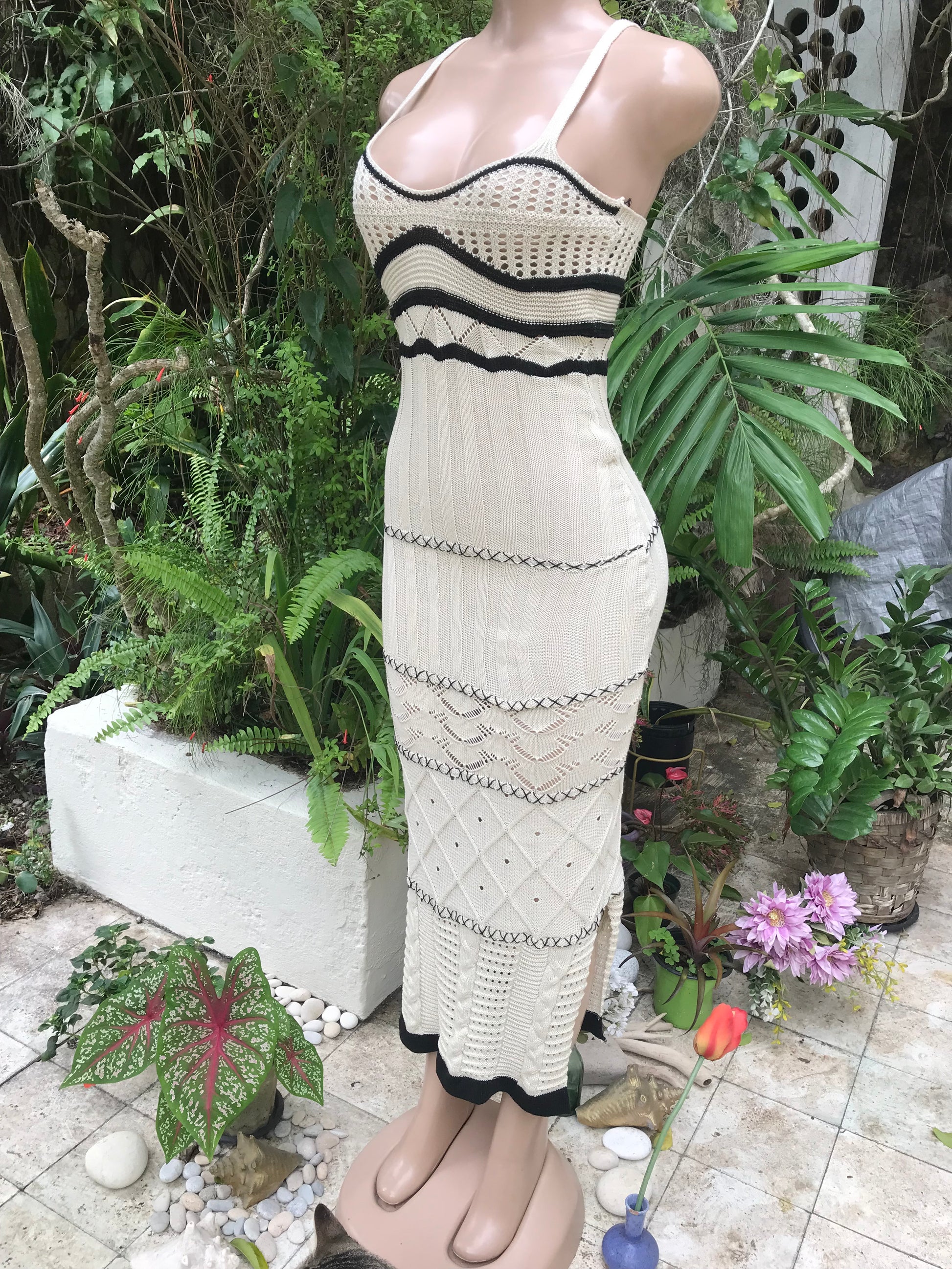 cream black spaghetti knit maxi dress.  1 size
