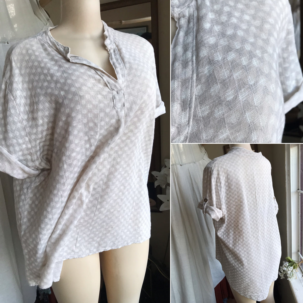 Vintage Cream print organic blouse /xl