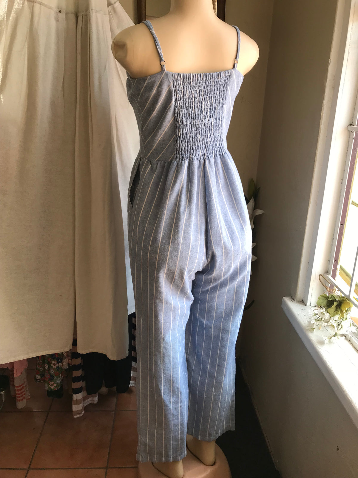 organic blend blue stripe jumpsuit with pockets... m to L,,,