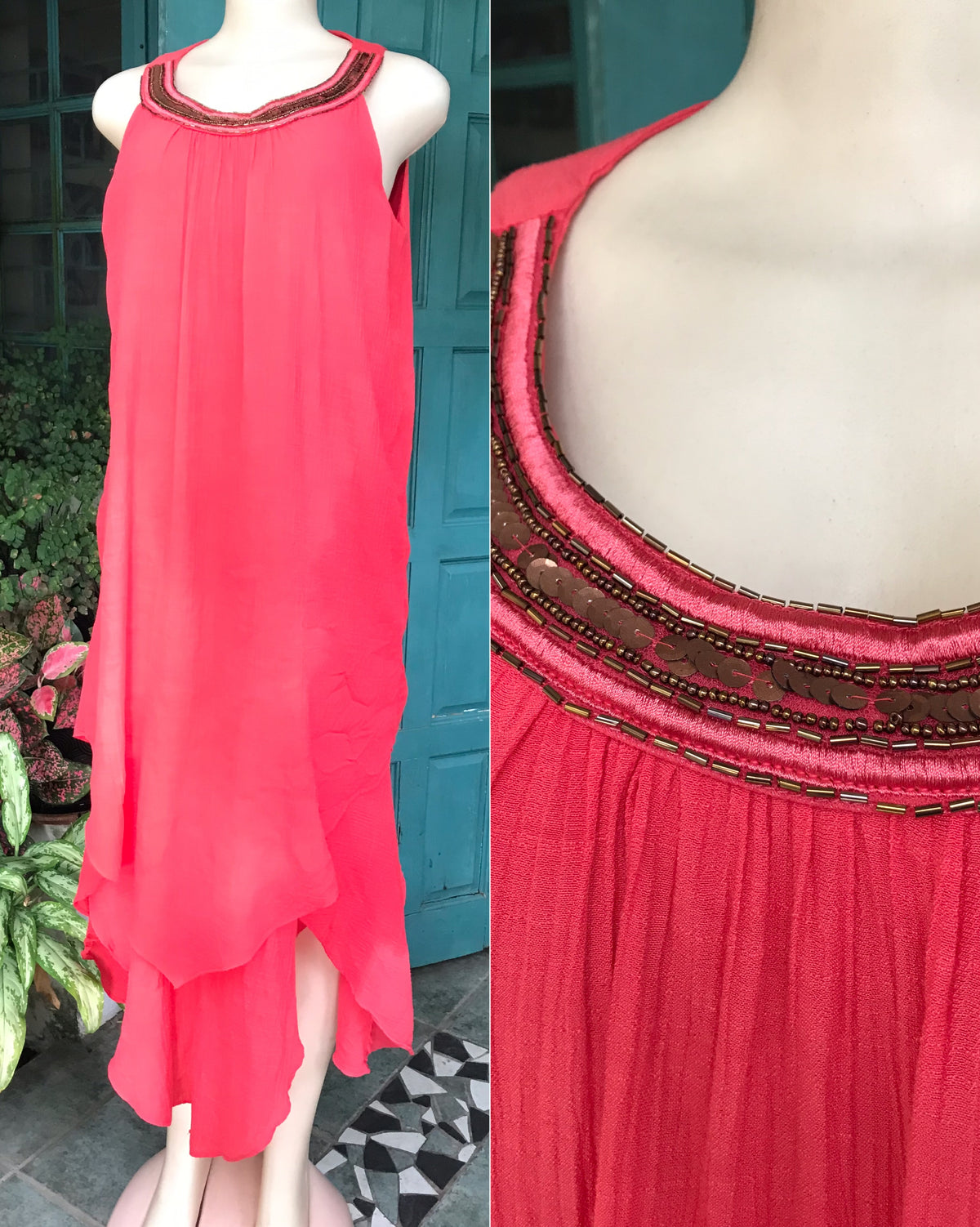 coral layered dress beaded neckline /xl
