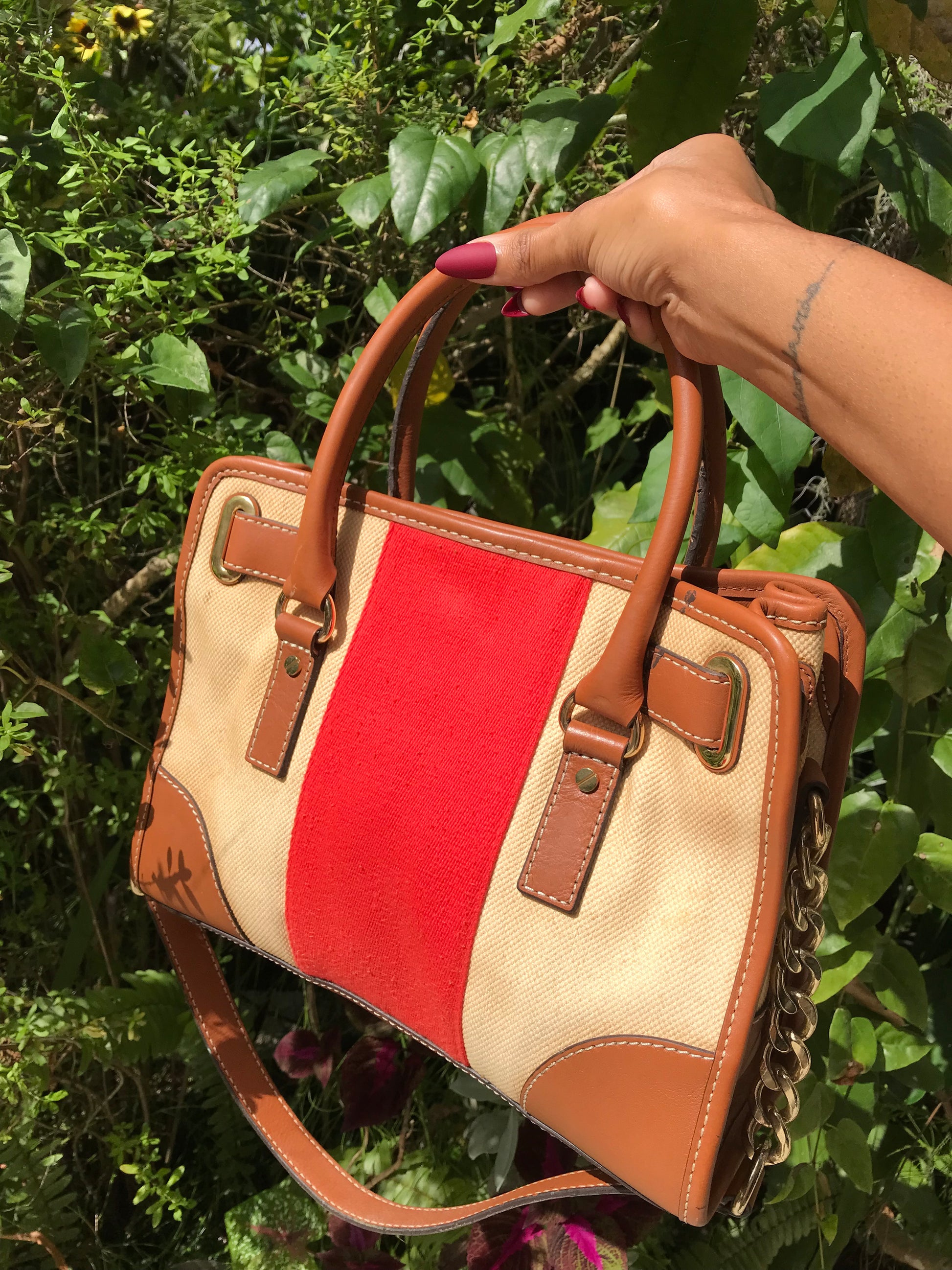 Michael Kors canvas and leather hand bag red and cream