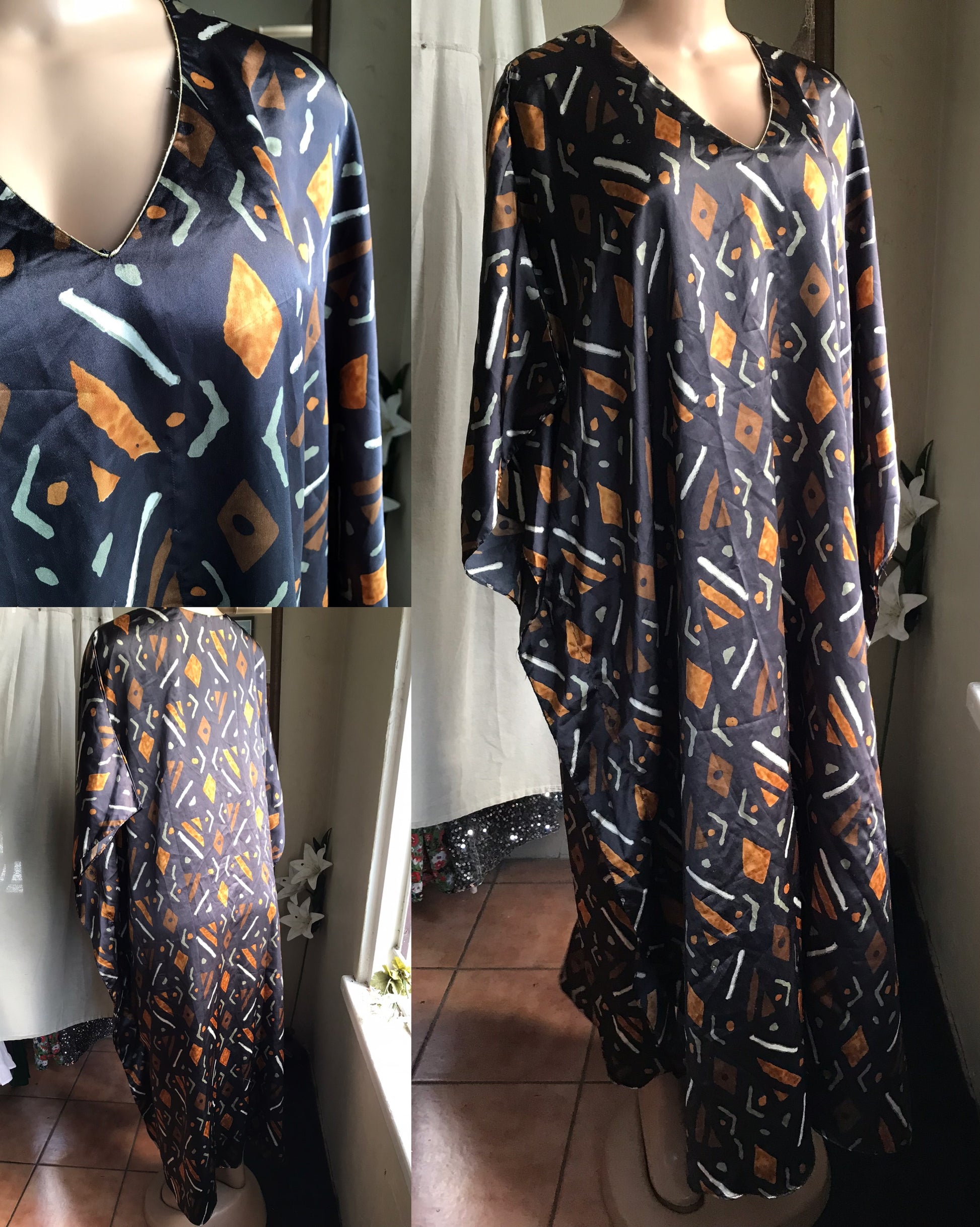 vintage silky kimono cover tribal print ^^^ one size fit most /xl