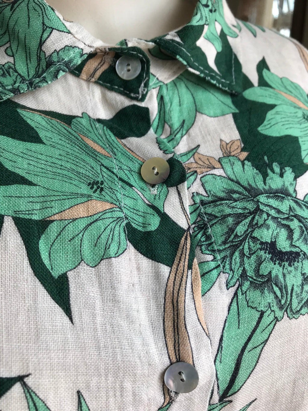 Vintage Linen tropical print button down shirt dress L