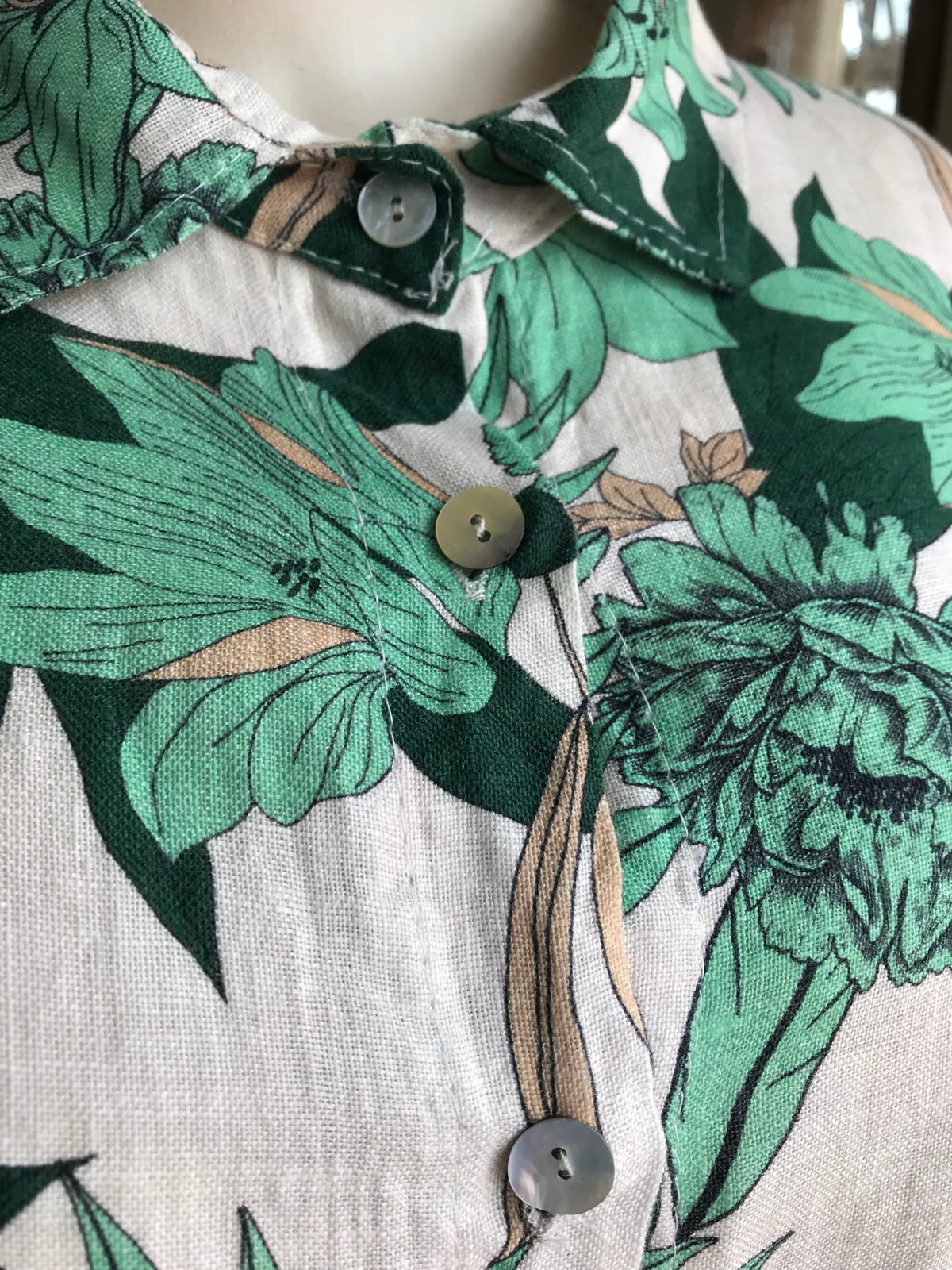 Vintage Linen tropical print button down shirt dress L